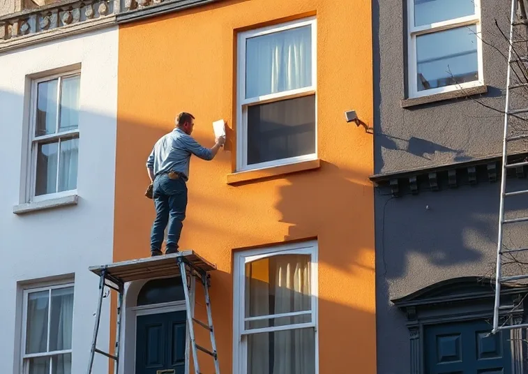 Peintre sur échafaudage traitant la façade d'une maison