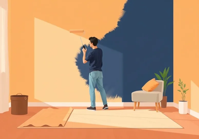 Peintre appliquant la peinture au rouleau sur un mur de salon